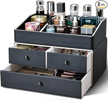 KINGFOM 2 Tier PU Leather Makeup Organizer by KingfomLeatherHomeOfficeDecor