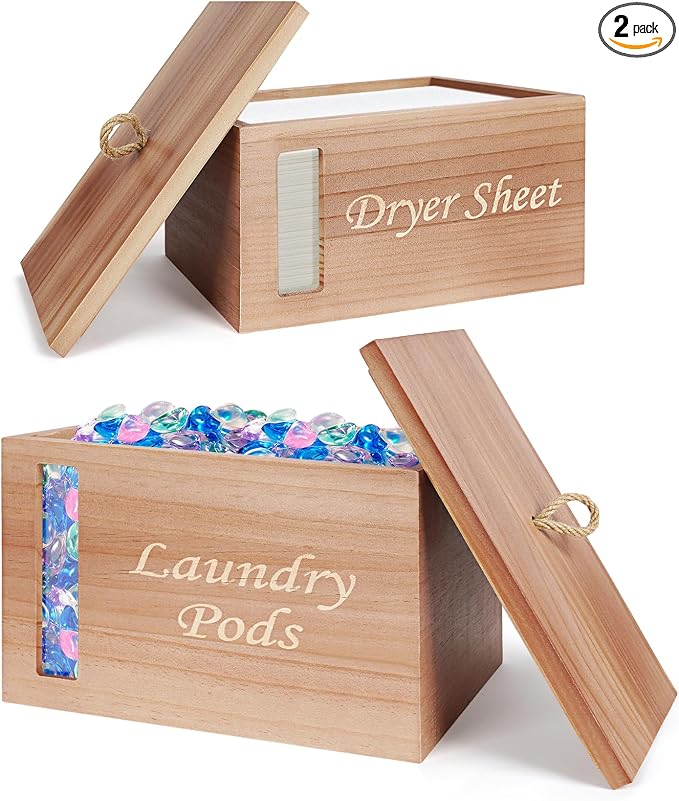 2 Pcs Wood Laundry Pods Container & Dryer Sheet Holder, Solid Pine Laundry by BuyNow