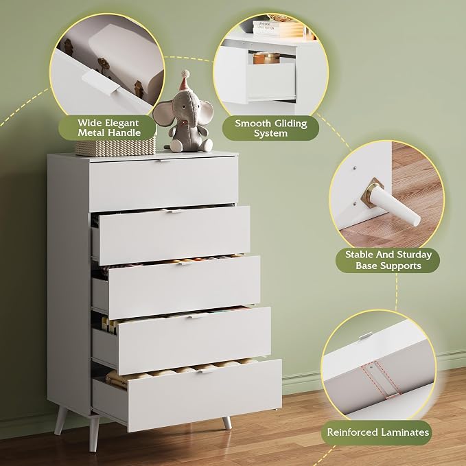 WLIVE 5 Drawer Dresser for Bedroom, Tall Wooden Dresser, Chest of Drawers for - Image 6
