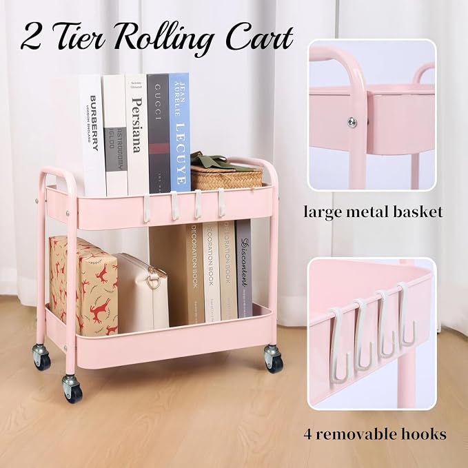 Pink 2 Tier Rolling Cart Metal - Image 8