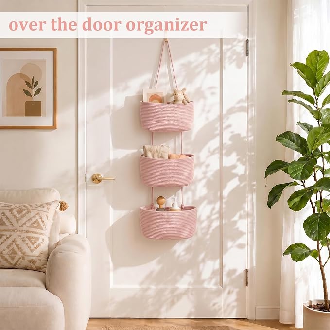 TeoKJ Over the Door Hanging Basket, 3-Tier Woven Cotton Wall-Mounted Storage - Image 2