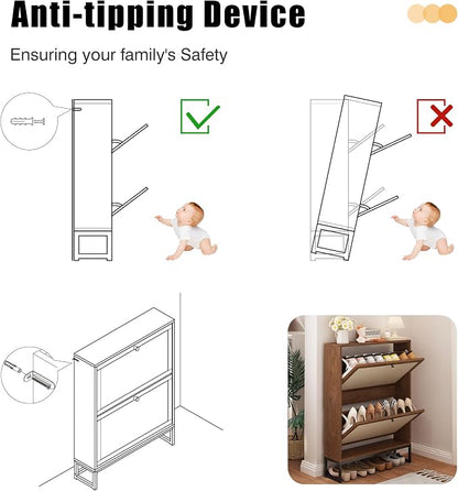 Rattan Shoe Cabinet with 2 Flip Drawers, Simple Setup Hidden Shoe Rack - Image 6
