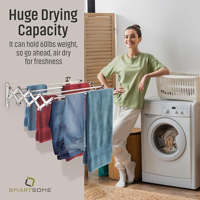 Smartsome | Wall Mounted | Clothes Drying Rack | 34" Wide | 22.5 Linear Feet - Image 6
