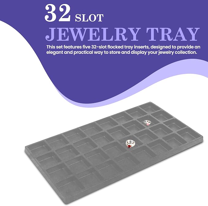 Novel Box 5 Pack 32-Slot Gray Liner Jewelry Storage Tray Inserts 14.75x8.25x1 - Image 3