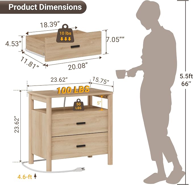 Night Stand Set of 2 with Charging Station, 2 Drawers End Table with Open Shelf - Image 2