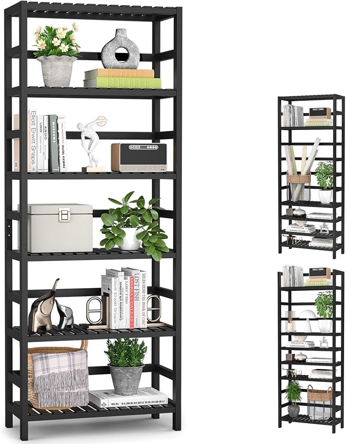 Homykic 6-Tier Bamboo Bookshelves and Bookcases, Adjustable 63.4”Tall Shallow by Homykic