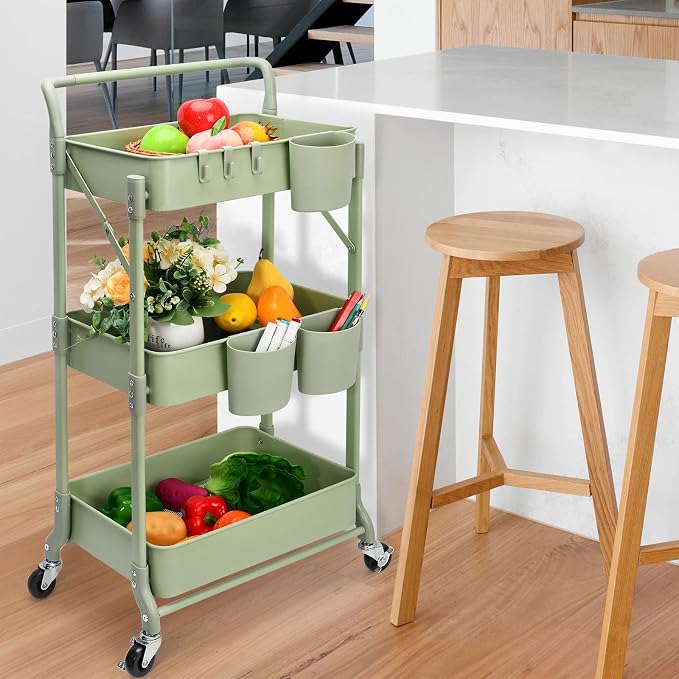 Foldable 3 Tier Rolling Cart, Metal Utility Cart, Folding Mobile Multi-Function - Image 9