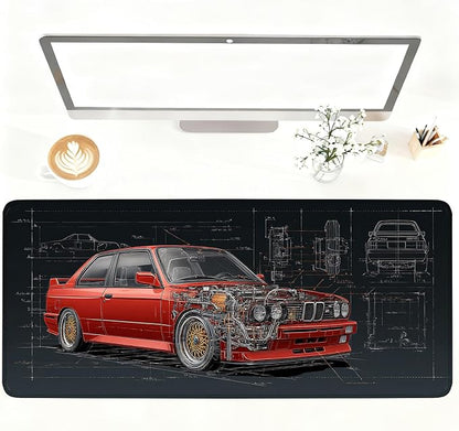 Retro Car Blueprint Mouse Pad – Large Extended Desk Mat 35.43 x 15.75 in – by LEIWEIHOPE