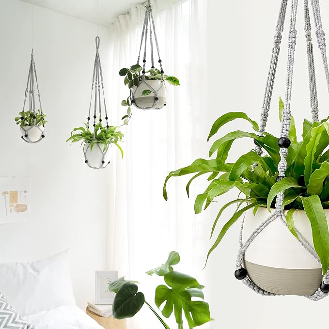 Mkono Macrame Plant Hanger Indoor 35 Inch Hanging Planter Basket Grey 1Pc | - Image 3