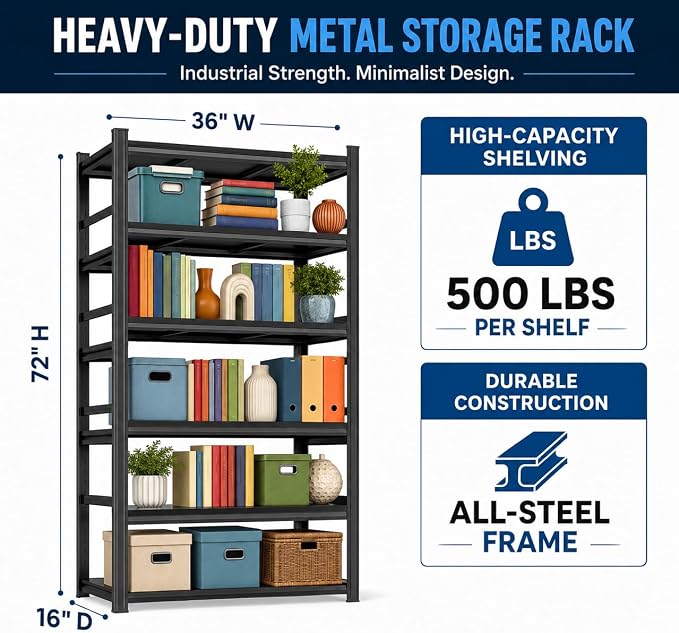 5-Tier Heavy Duty Metal Bookshelf, 2500LBS Adjustable Industrial Bookcase - Image 3