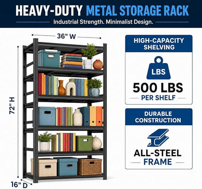 5-Tier Heavy Duty Metal Bookshelf, 2500LBS Adjustable Industrial Bookcase - Image 3