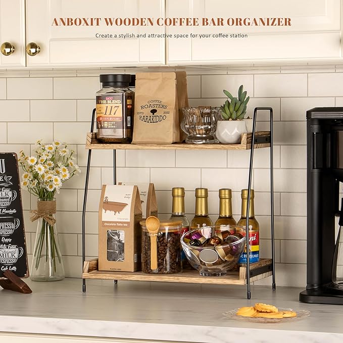 ANBOXIT Countertop Coffee Station Organizer, 2 Tier Wooden Shelf | - Image 3