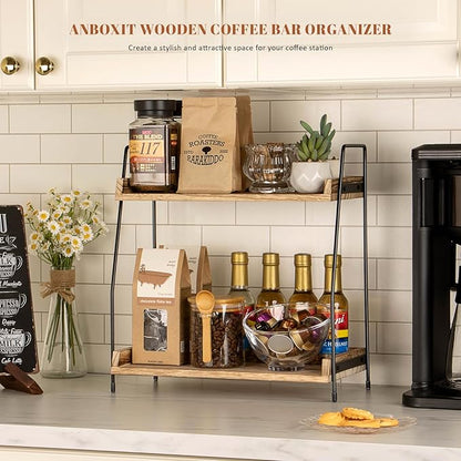 ANBOXIT Countertop Coffee Station Organizer, 2 Tier Wooden Shelf | - Image 3