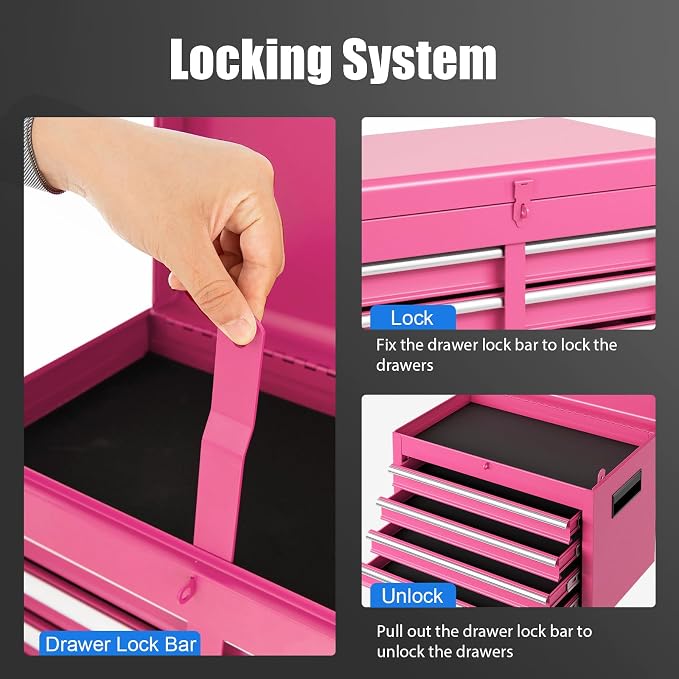 Goplus Pink Tool Chest, 5 Drawers Rolling Tool Cabinet w/Detachable Top Toolbox - Image 6