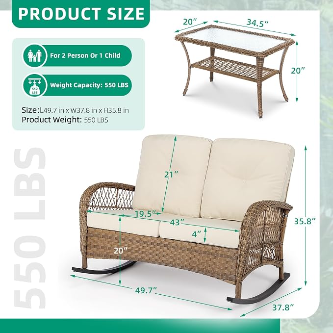 VIVIJASON Outdoor Wicker Loveseat Rocking Chair - Image 8