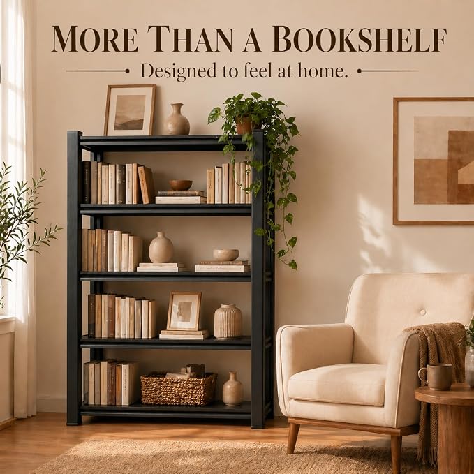 5 Tier Metal Bookshelf, Adjustable Tall Bookcase, Heavy Duty 3000 LBS Modern - Image 9