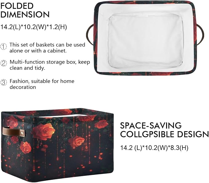 Red Roses Black Storage Bins Box Foldable Shelf Basket - Image 2