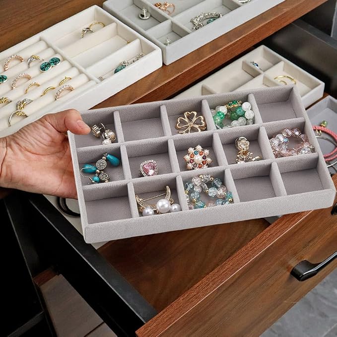 2Pcs 5 x 8.3 Inch Jewelry Drawer Inserts Velvet Jewelry Tray Gray 15 Grids - Image 6