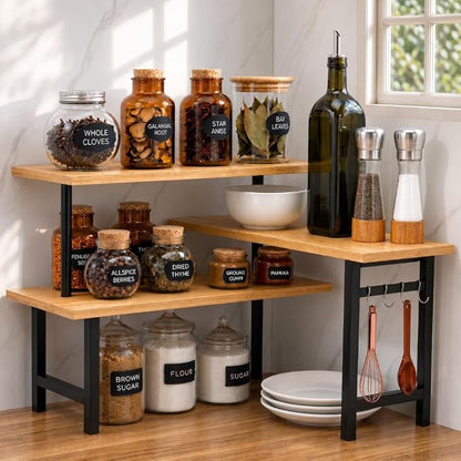 3-Tier Bamboo Corner Organizer Countertop Shelf | Extended top shelf, coffee by TenovuSupply