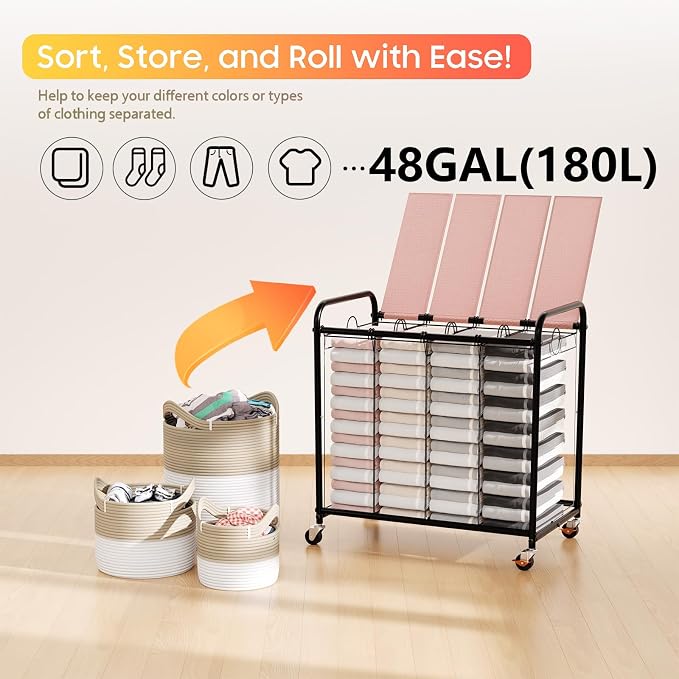 Laundry Sorter 4 Sections 48 Gal, Rolling Laundry Basket - Image 6