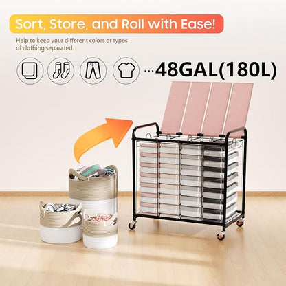 Laundry Sorter 4 Sections 48 Gal, Rolling Laundry Basket - Image 6