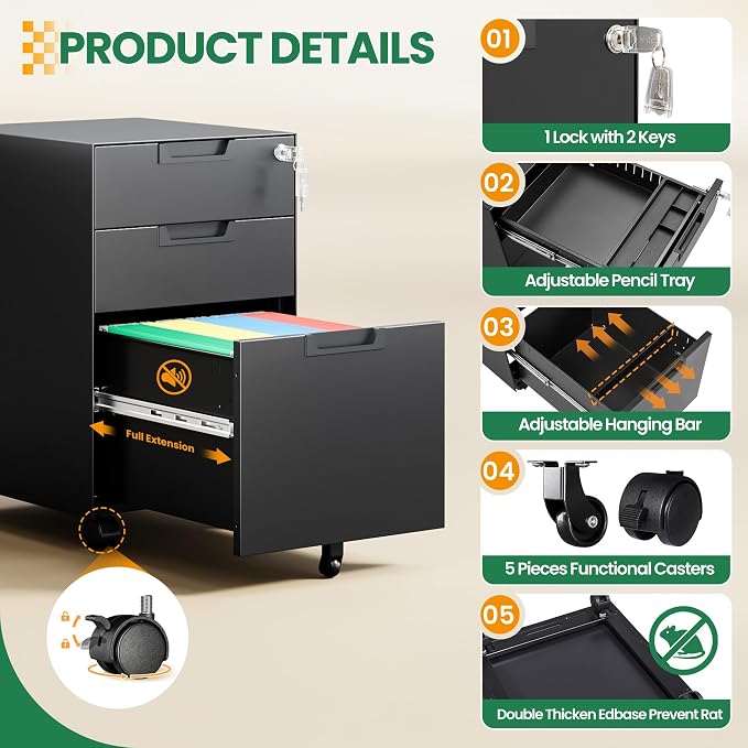 Mobile File Cabinet, 3 Drawer Locking Storage Filing Cabinet, Office Metal - Image 4