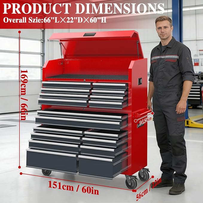 LARBANKE 60'' Rolling Tool Chest Combo, 18-Drawer Heavy Duty Steel Tool Cabinet - Image 3