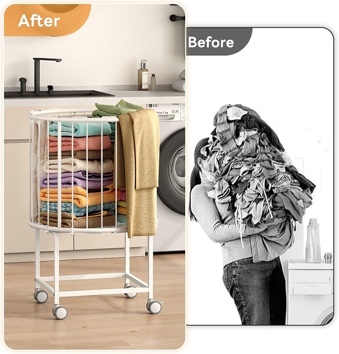 29-Gallon Laundry Cart with Wheels, Rolling Round Metal Laundry Basket Cart - Image 6