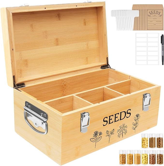 Large Bamboo Wood Seed Storage Organizer Box by INTARSIO3D