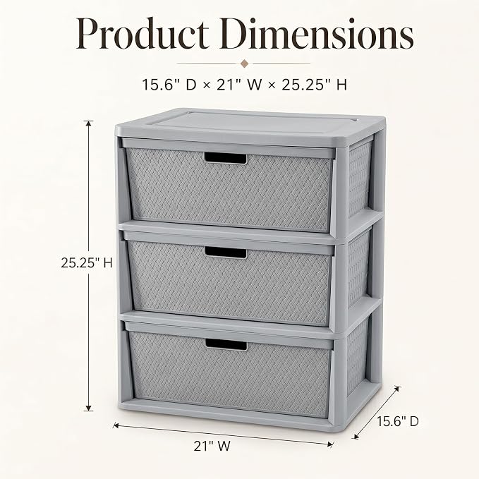 Wide 3-Drawer Plastic Storage Tower, Cross-Weave Floor Cabinet, tool-free - Image 2