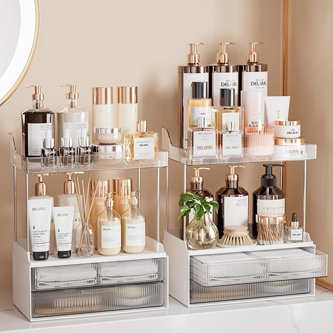 Delamu Bathroom Organizers and Storage, 2 Tier 2 Drawer Makeup Organizer by DELAMU