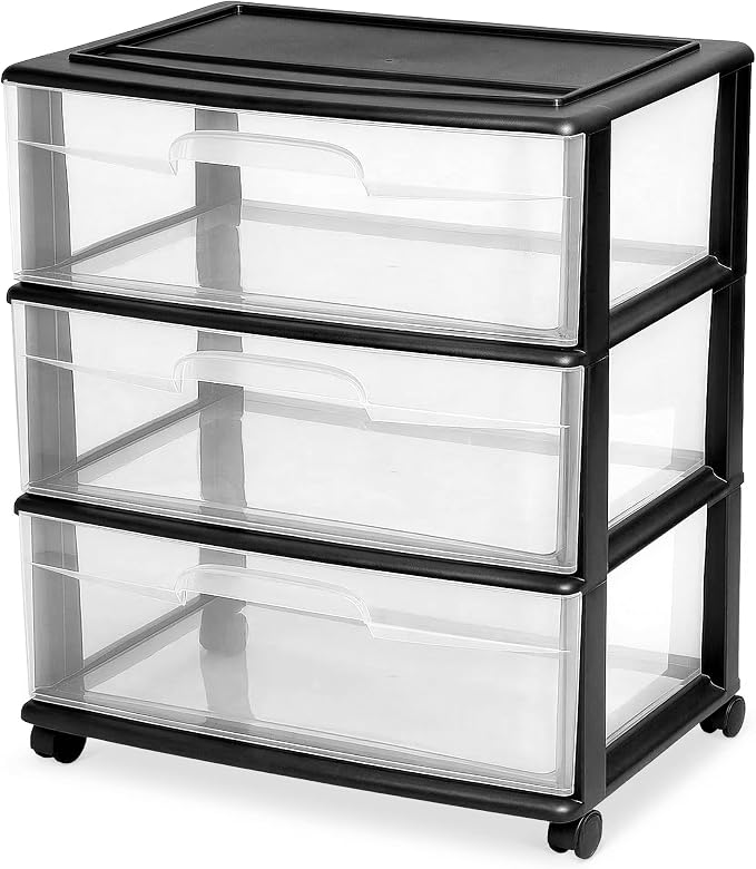 HOMZ Plastic 3 Drawer Wide Cart, 4 Casters included, Home Office, and Dorm Rooms by Homz