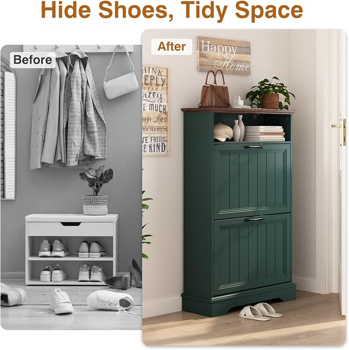 Shoe Storage Cabinet with 2 Flip Drawers, Narrow Slim Shoe Organizer - Image 4