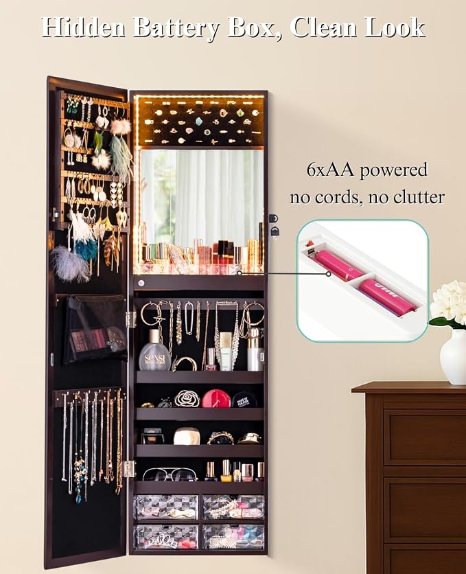 LUXFURNI Mirror Jewelry Cabinet 79 LED Lights Wall-Mount/Door-Hanging Jewelry - Image 4