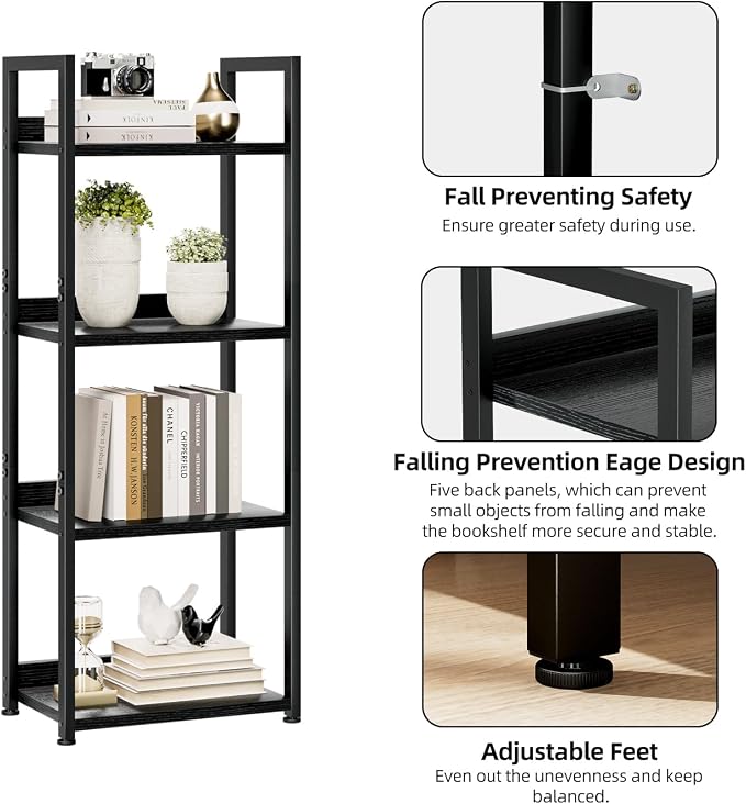NUMENN Narrow Bookshelf, 4 Tier Freestanding Shelving Unit, Metal Frame & Wood - Image 5