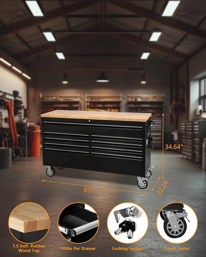 61 Inch Tool Chest, Tool Box Mobile Workbench, 9 Drawers Storage Lockable - Image 2