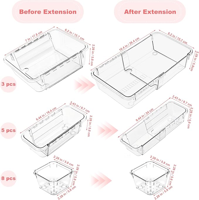16 Pcs Extendable Clear Drawer Organizer, 3-Size Adjustable Boxes | 3-mm Extra - Image 2