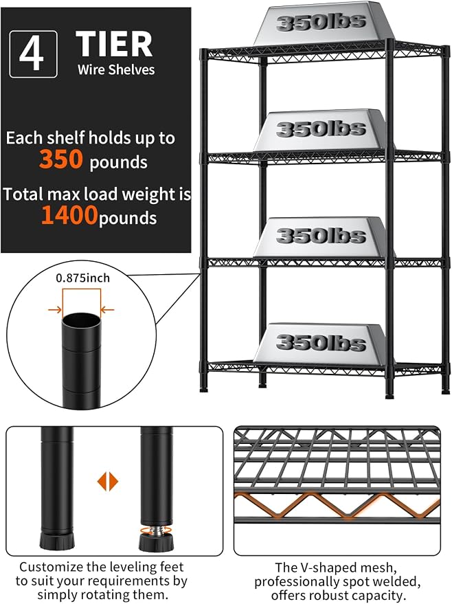 4 Tier Heavy Duty Shelves Adjustable Storage Shelf Organizer Metal Garage Wire - Image 4