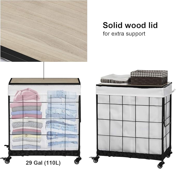 Durable Laundry Hamper with Removable Liner Bag, Heavy Duty Wheels, Wood Lid - Image 4