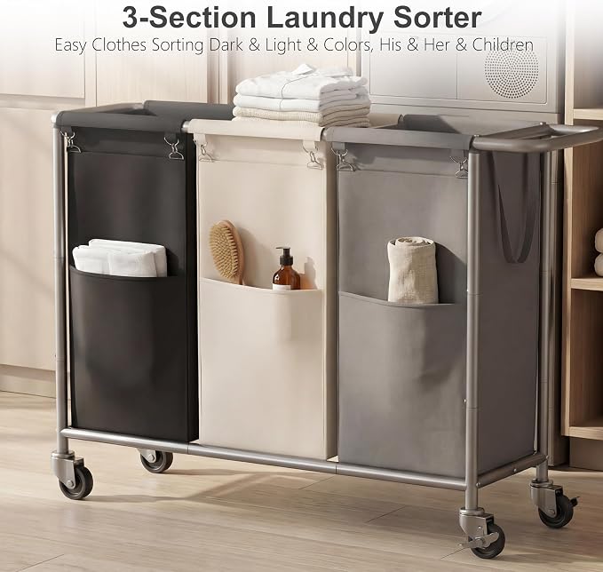 Heybly 3-Section Laundry Sorter Hamper, Rolling Laundry Hamper - Image 6
