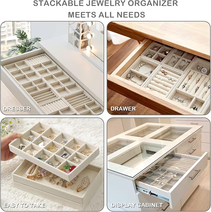 4-Set Jewelry Organizer for Drawer, Stackable Velvet Jewelry Trays - Image 7