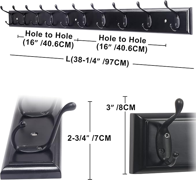 Dseap Coat Rack Wall Mounted: 10-Hooks, 38-1/4" Long, Wood Coat Hooks Wall - Image 2