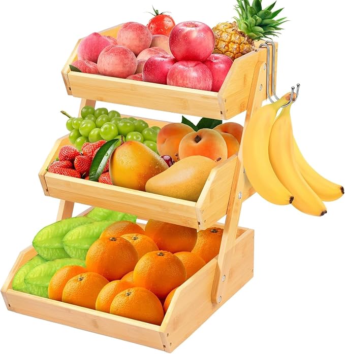 Bamboo Fruit Basket 3 Tier for Kitchen Counter, Assemble Display Stand for by Unknown