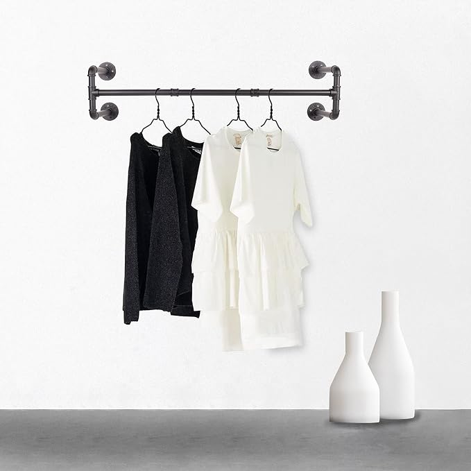 54” Wall Mounted Clothes Rack, Industrial Pipe Black Iron Garment Bar, - Image 8