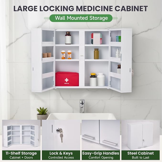 Large Locking Medicine Cabinet, 11 Shelves, Wall Mounted | Ample Med Storage - Image 3