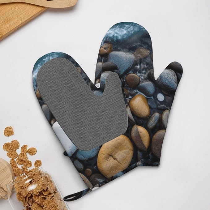 Sea Stones Print Oven Mitts Set of 2, Heat Resistant Silicone Oven Mittens - Image 9
