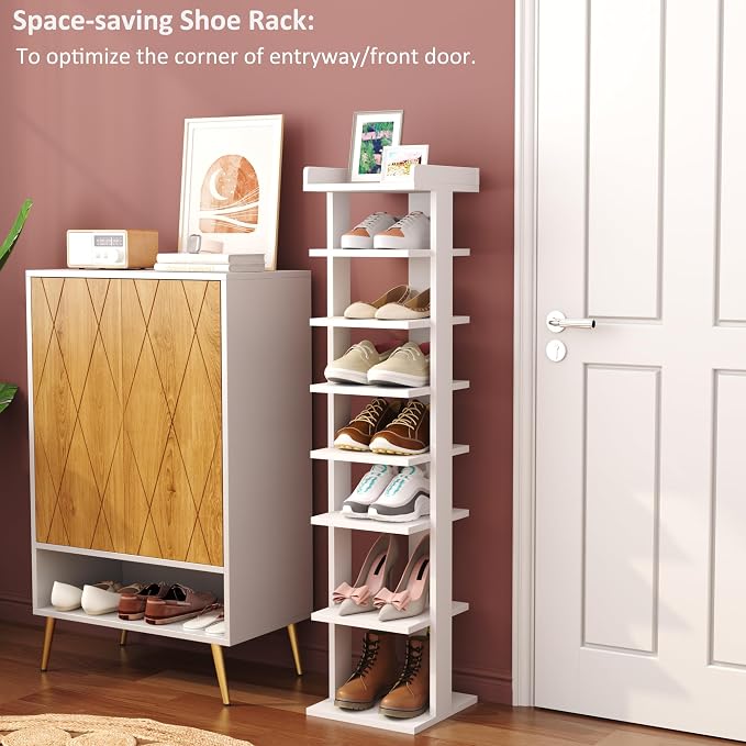 HOMEFORT 7-Tier Wood Shoe Rack, Entryway Shoe Tower, Vertical Shoe Organizer - Image 4
