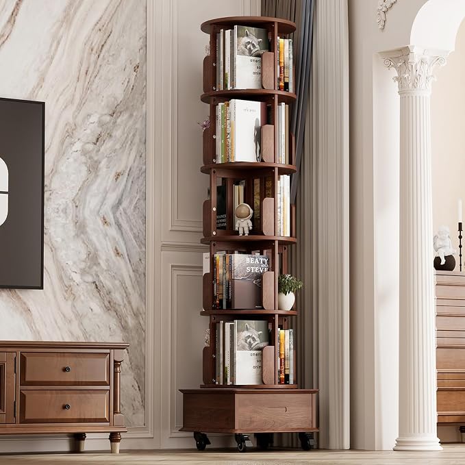 Solid Wood Rotating Bookshelf Tower on Wheels, 5-Tier Spinning Bookcase by Unknown