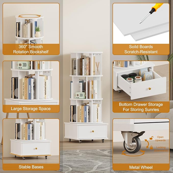 Rotating Bookshelf with Drawers on Lockable Wheels Wood White | 4 Tier Spinning - Image 8