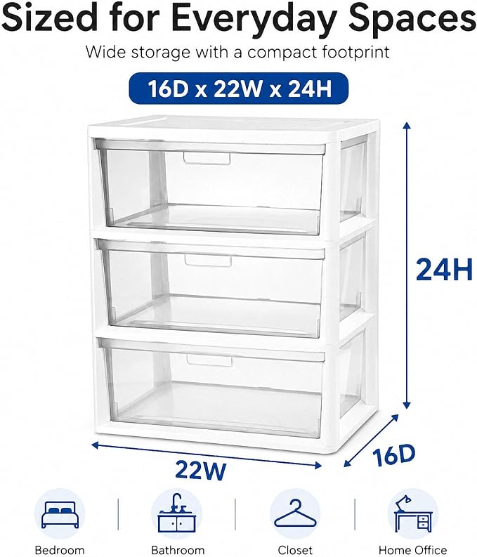 3 Drawer Plastic Storage Tower Wide Organizer - Image 2
